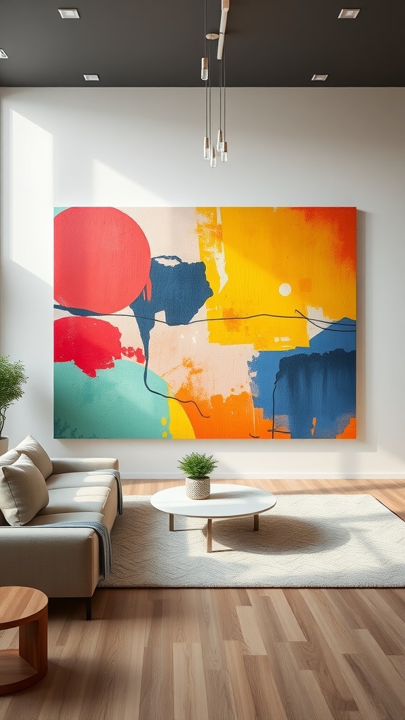 A large, colorful abstract painting on a bright wall in a modern living room setting.