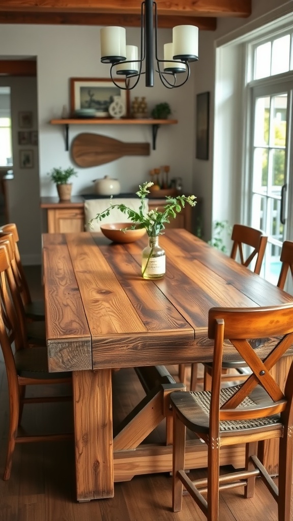 A rustic dining area featuring a reclaimed wood table with chairs, surrounded by a cozy decor.