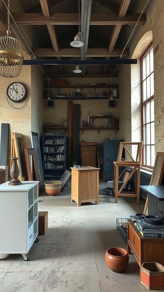 A room showcasing various repurposed architectural salvage items, including wooden furniture and frames.