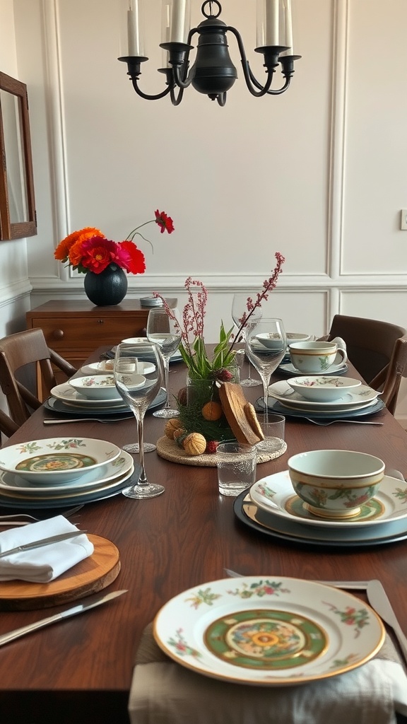 A beautifully set dining table featuring unique artistic tableware, floral arrangements, and elegant glassware.