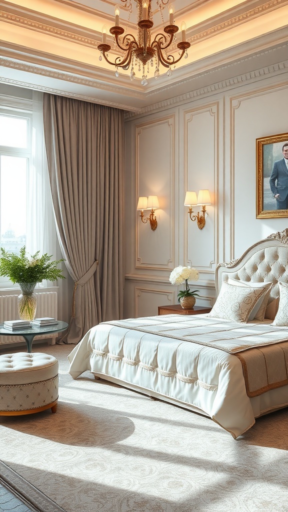 A luxurious bedroom with elegant decor, featuring a chandelier, soft curtains, and cozy bedding.