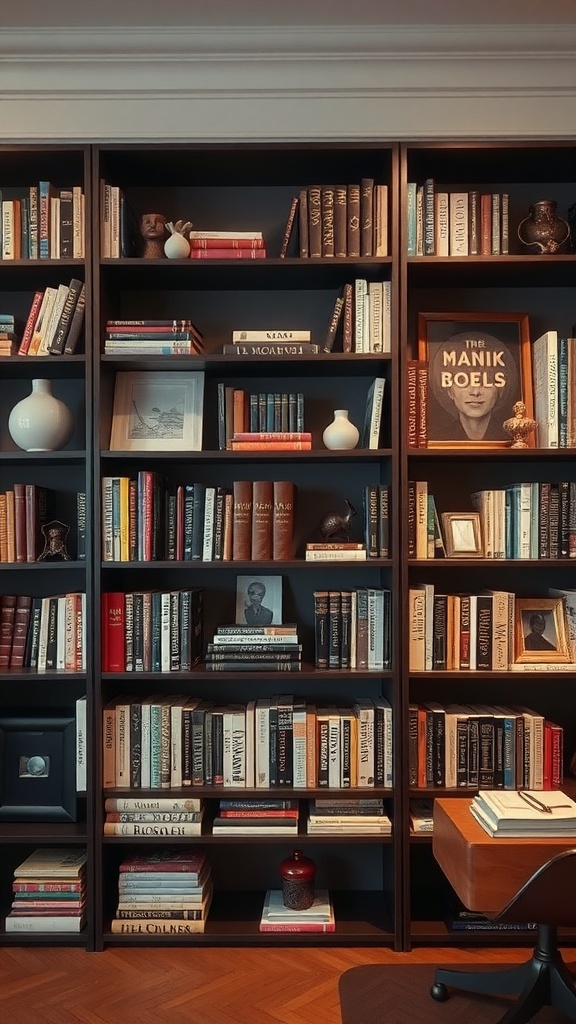 A bookshelf filled with books and decorative items, showcasing a creative collection