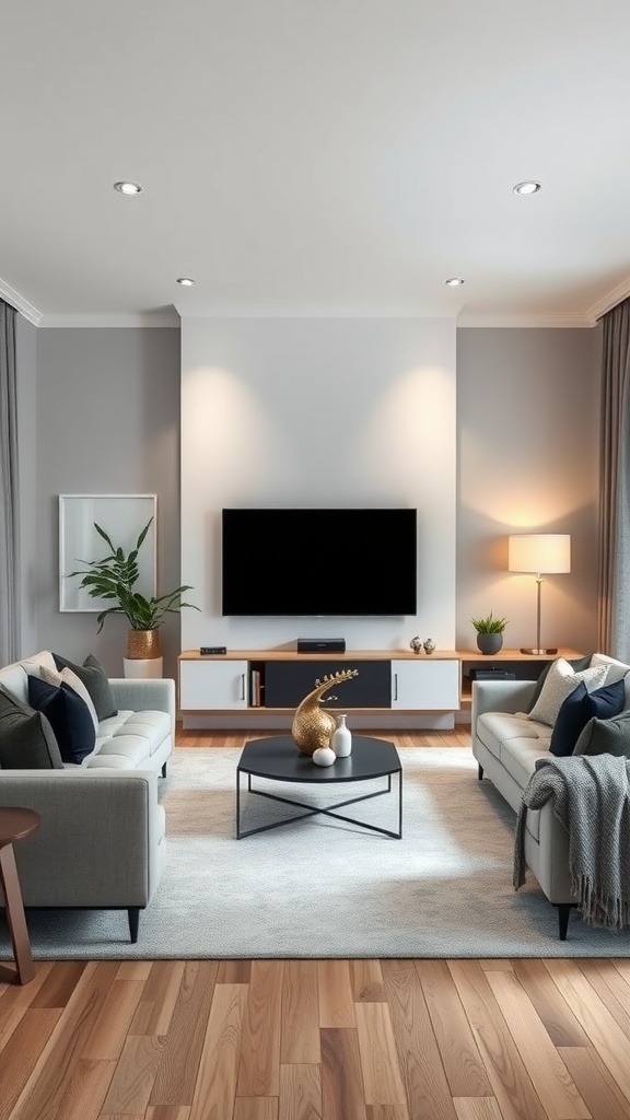 A modern living room featuring smart home integrations with stylish furniture and decor.