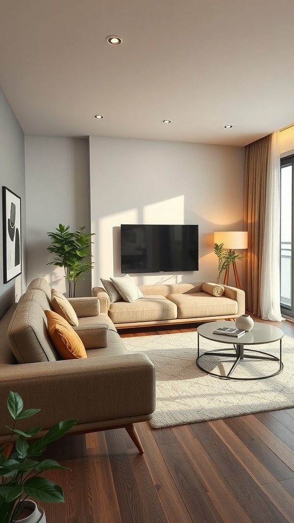 A cozy living room featuring smart home technology elements, natural light, and plants.