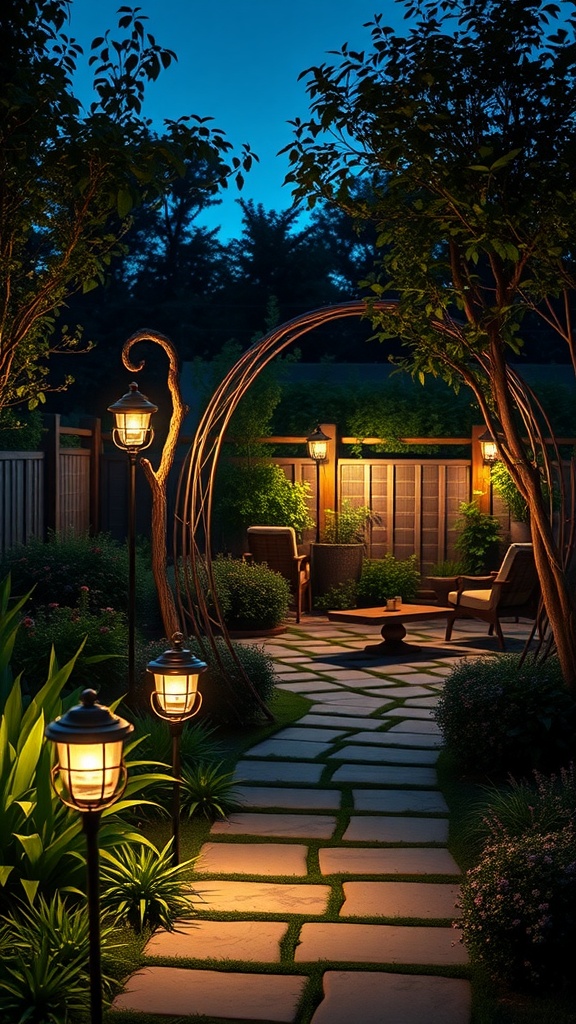 A beautifully lit garden with solar-powered lights along a stone pathway at dusk.