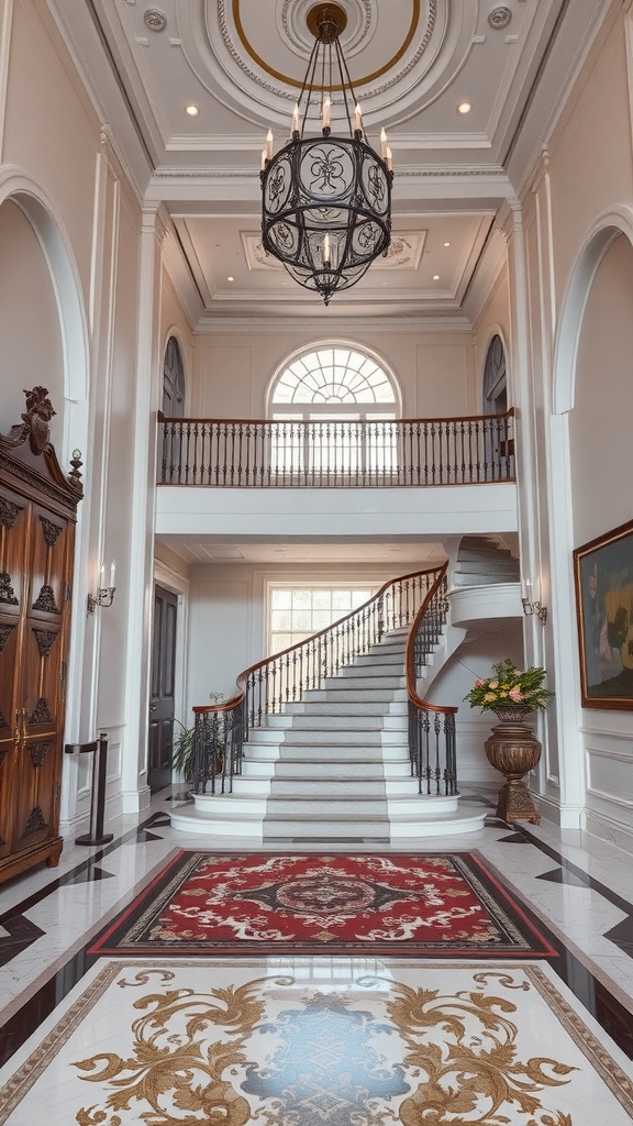 A grand entryway with a sweeping staircase, elegant chandelier, and intricate flooring.