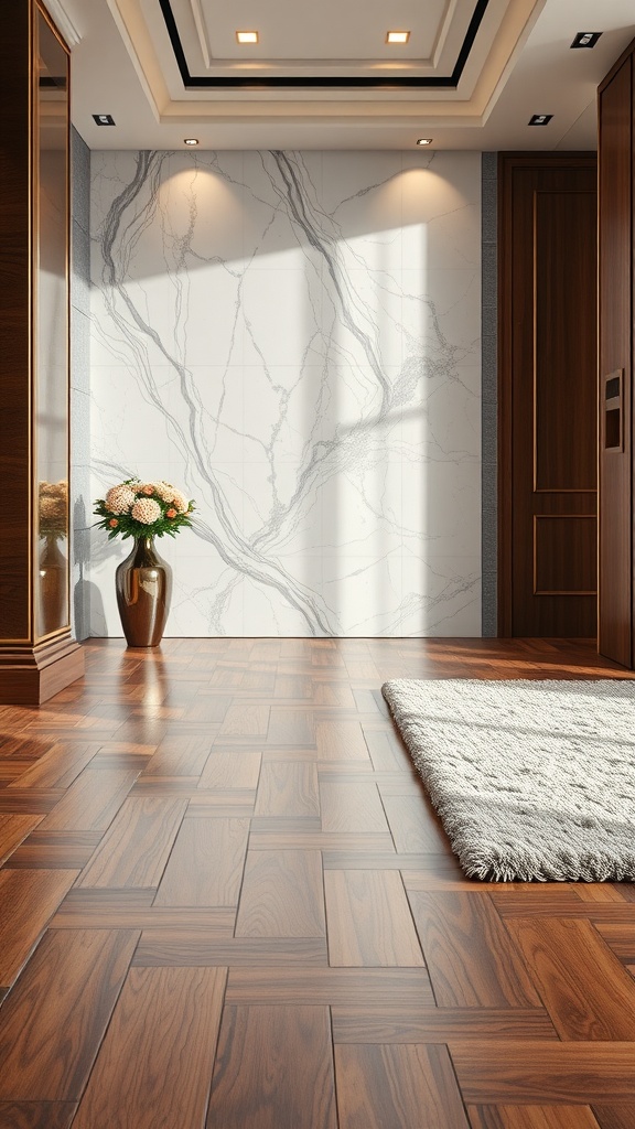 Stylish entryway with wooden flooring and marble wall, featuring a rug and potted flowers