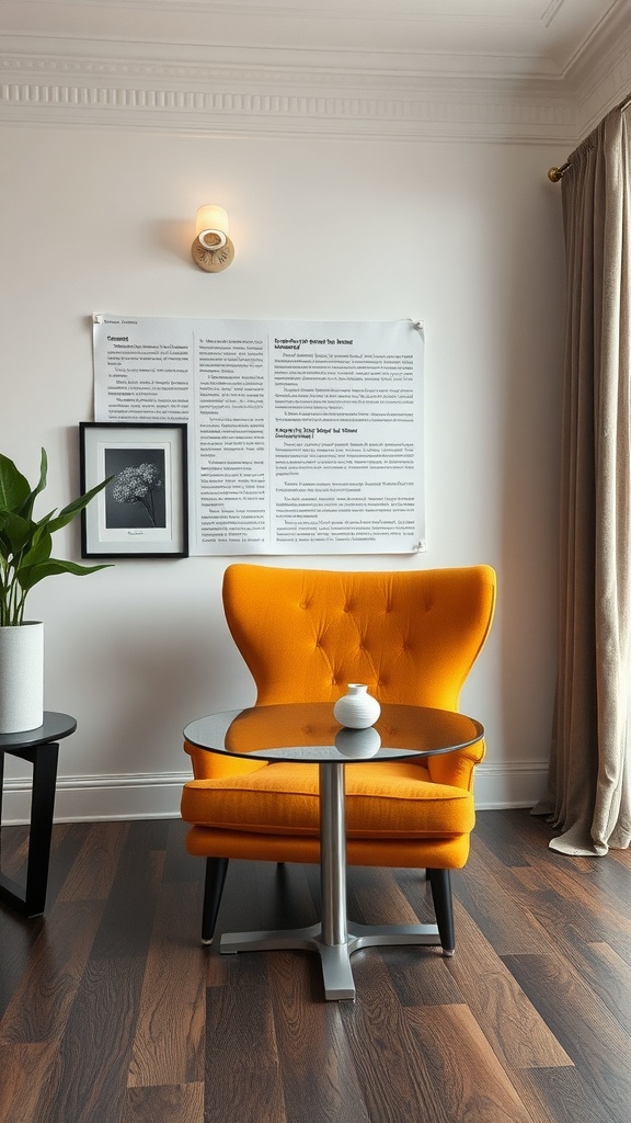 A vibrant orange chair with a round table beside it, set against a neutral wall with a plant and framed artwork.