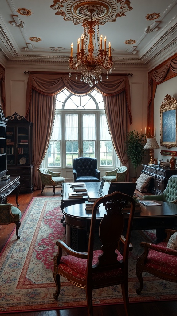 A luxurious home office featuring rich wood furniture, a chandelier, and elegant decor.