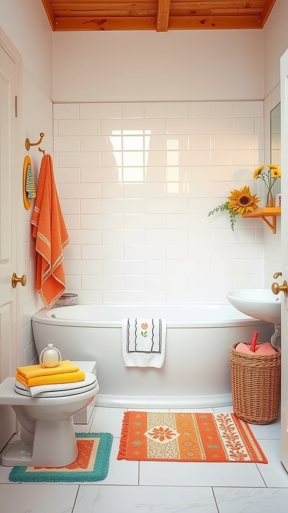 A bright and colorful bathroom with orange towels, patterned mats, and sunflowers.