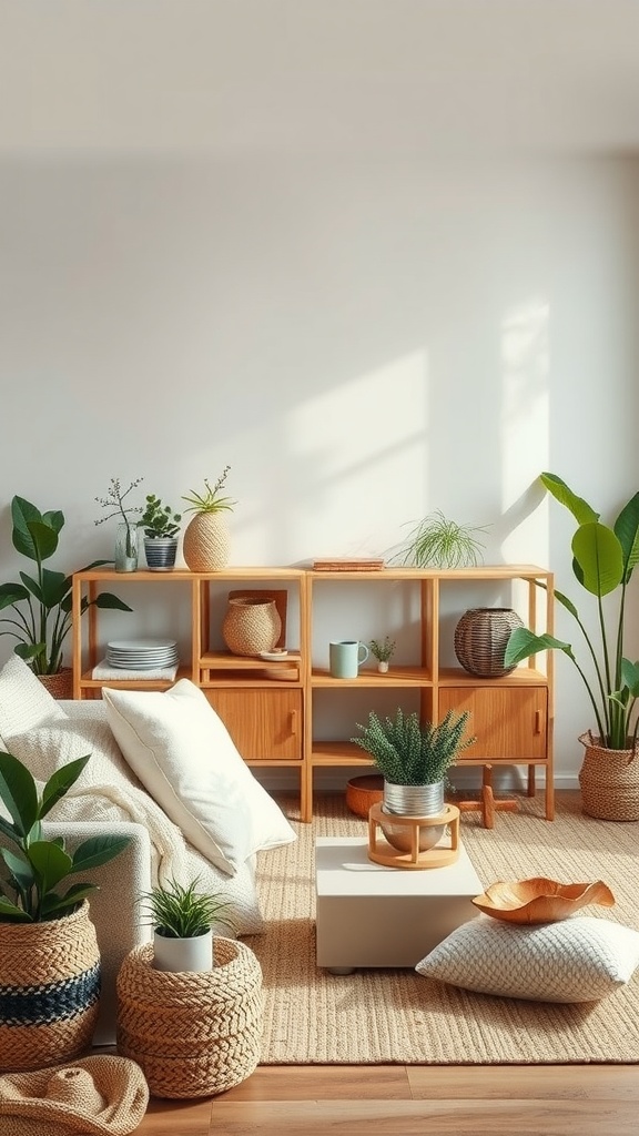 A cozy living room with sustainable decor elements including plants, woven baskets, and wooden furniture.