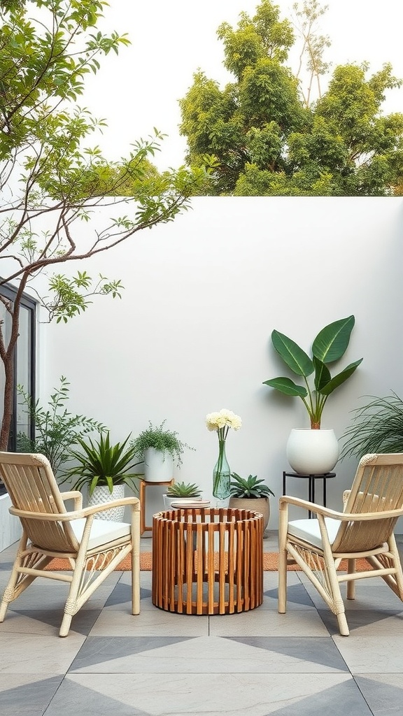 A sustainable outdoor seating area featuring natural material chairs and a wooden coffee table, surrounded by greenery.