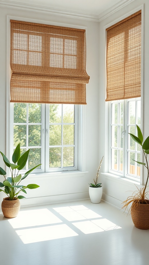 Natural fiber window shades and indoor plants in a well-lit room