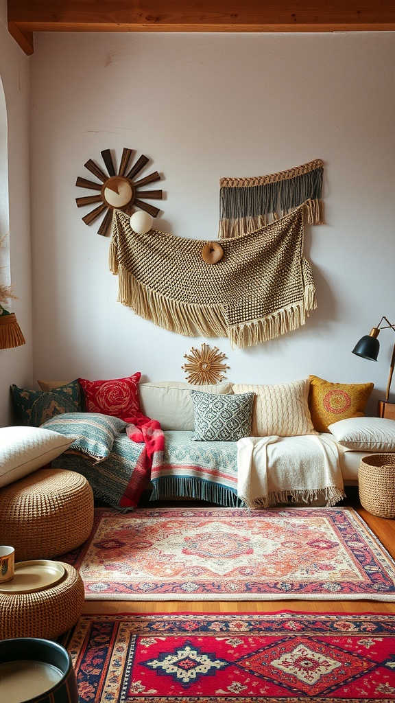 Cozy seating area with layered textiles, colorful cushions, and woven wall hangings.