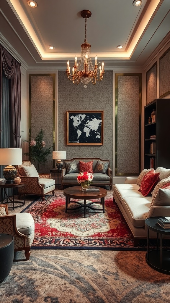 Cozy living room with elegant decor featuring textured fabrics and a classic chandelier.