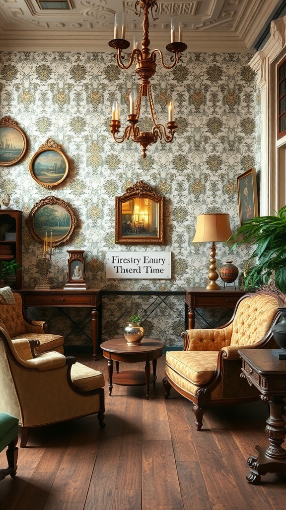 A cozy antique-inspired living room corner with vintage furniture, ornate chandelier, and patterned wallpaper.