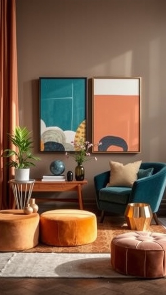 A cozy living room featuring trendy color palettes with orange poufs, a teal armchair, and vibrant wall art.