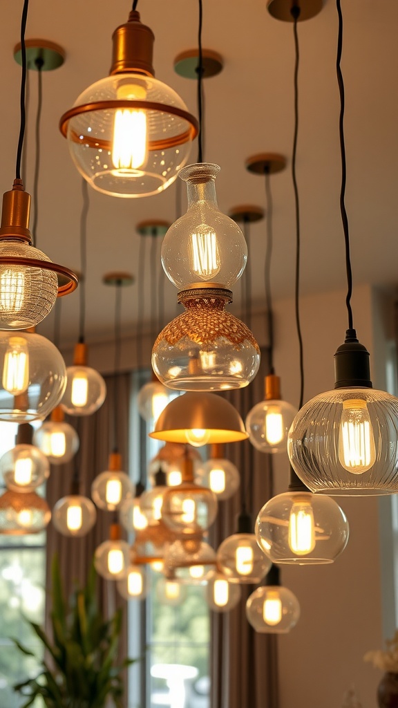 An assortment of unique lighting fixtures hanging from a ceiling, featuring glass and metal designs.