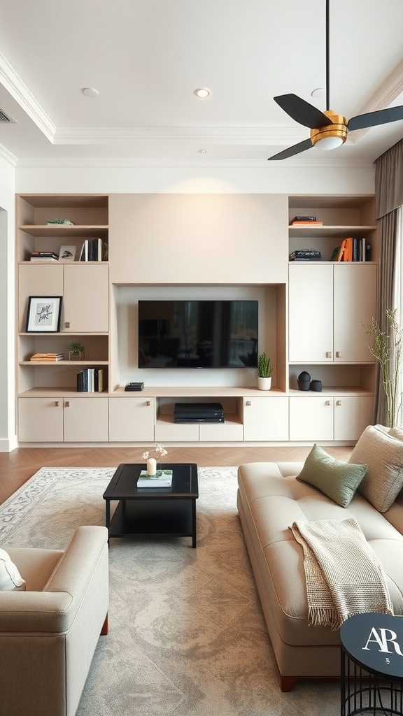 A modern living room featuring built-in shelving, a flat-screen TV, and stylish furniture.