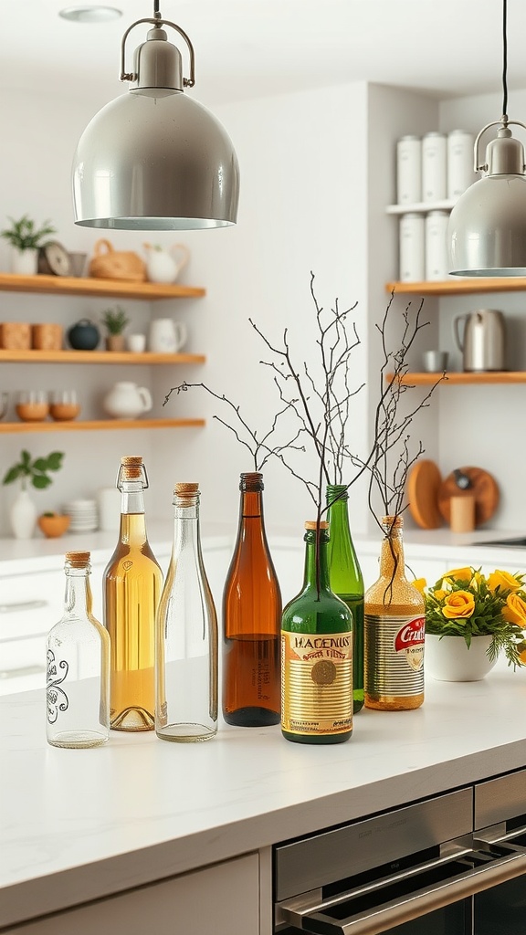 A collection of upcycled glass bottles with twigs and flowers on a kitchen countertop.