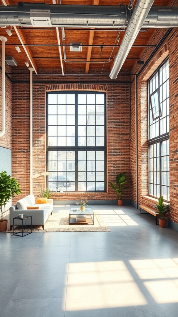 An open urban loft with exposed brick walls, large windows, and modern furniture.