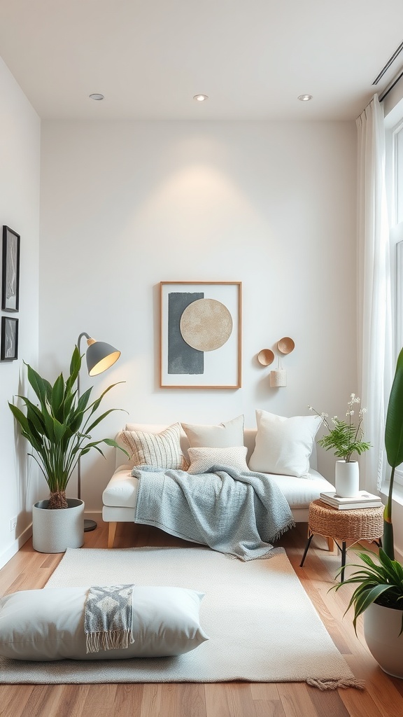 A serene urban living space featuring a cozy sofa, decorative pillows, and indoor plants.