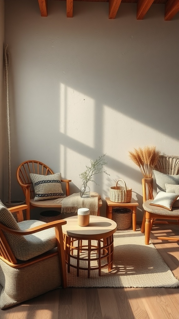 A cozy living room featuring wooden furniture, woven textures, and natural light.