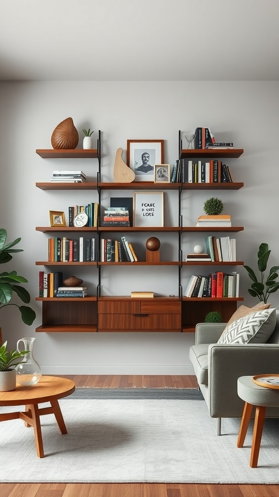 Wall-mounted shelves displaying books, decorative items, and plants in a modern living room