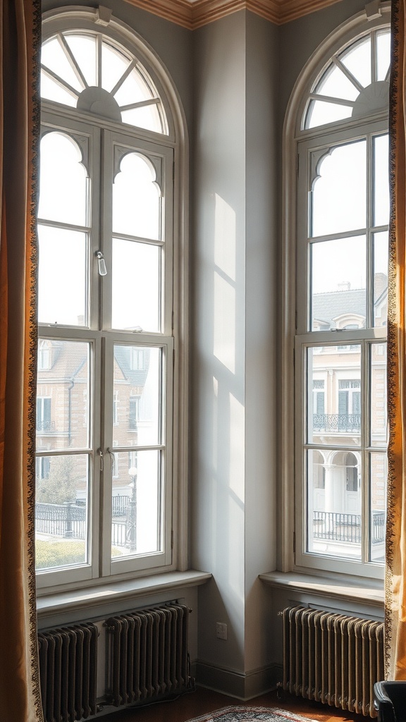 Elegant window treatments with arched windows and flowing curtains