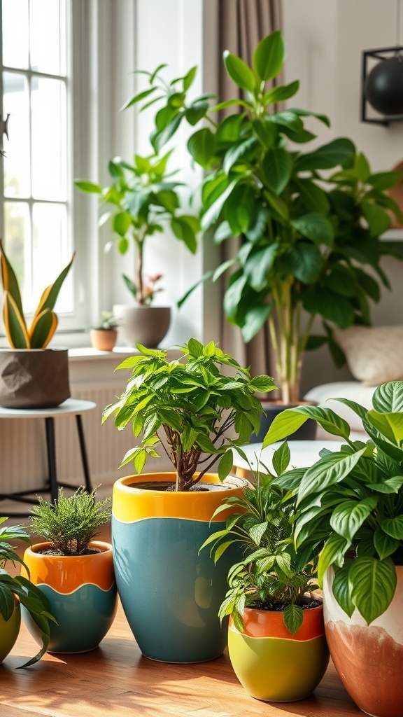 Colorful plant pots with various indoor plants, enhancing the room decor