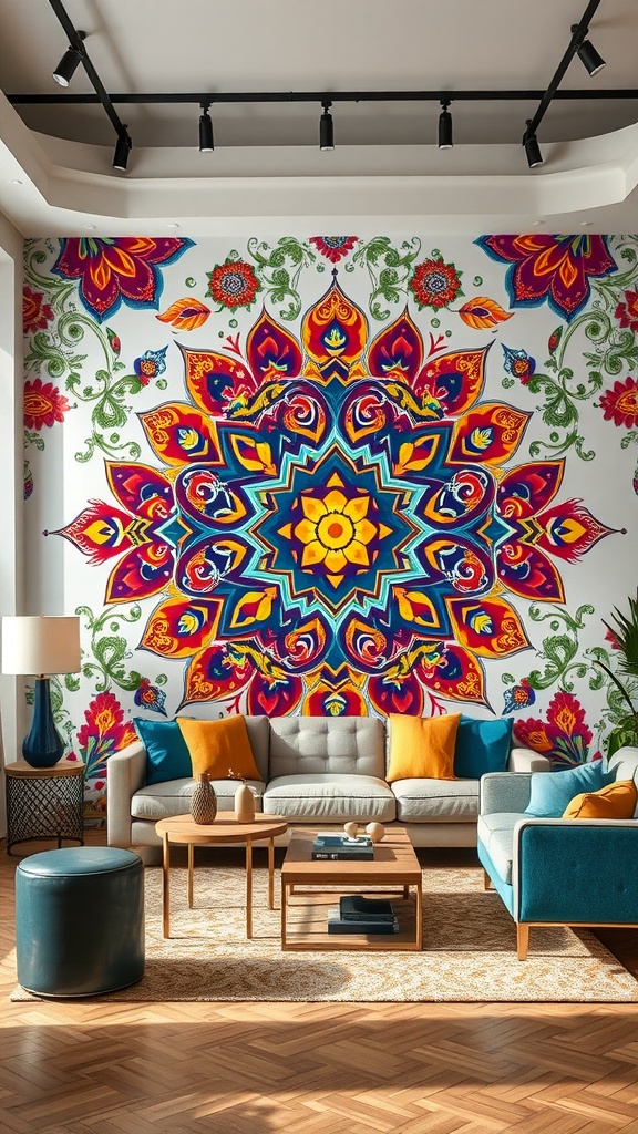 A colorful wall mural featuring intricate designs in red, blue, and yellow, set in a modern living room with stylish furniture.