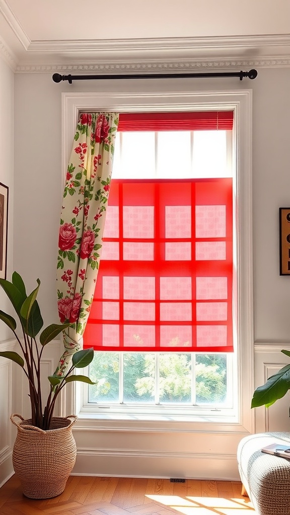 Bright window treatments featuring red shades and floral curtains