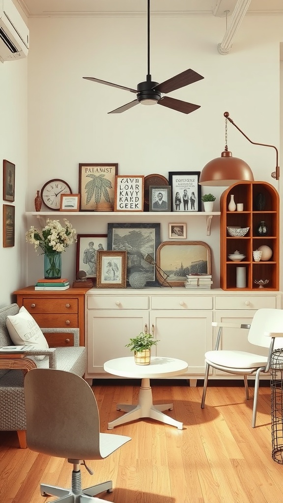 A modern living room featuring vintage decor elements such as wooden furniture, framed artwork, and a cozy seating arrangement.