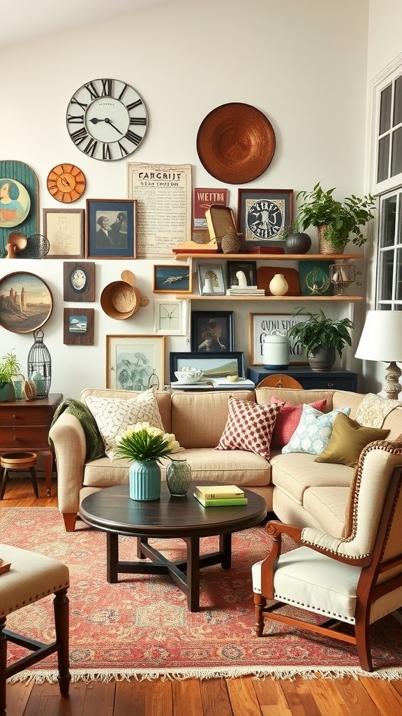 Cozy living room with vintage decor including a wall of framed art and unique furnishings.