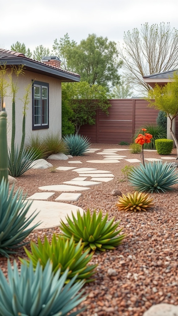 A landscaped garden featuring a stone pathway, cacti, and succulents in a water-wise design.