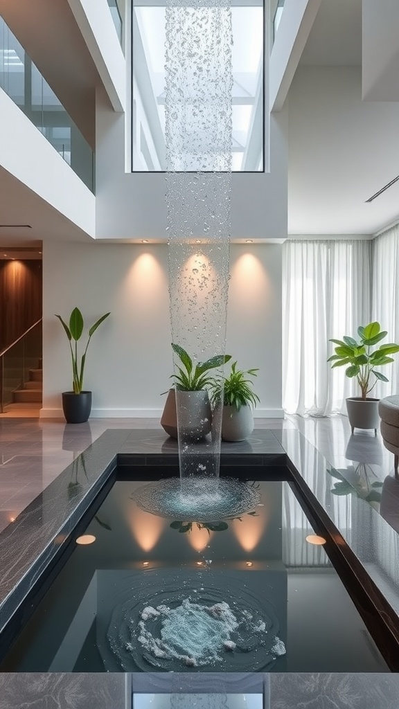 A modern indoor water feature with a cascading waterfall and surrounding plants.