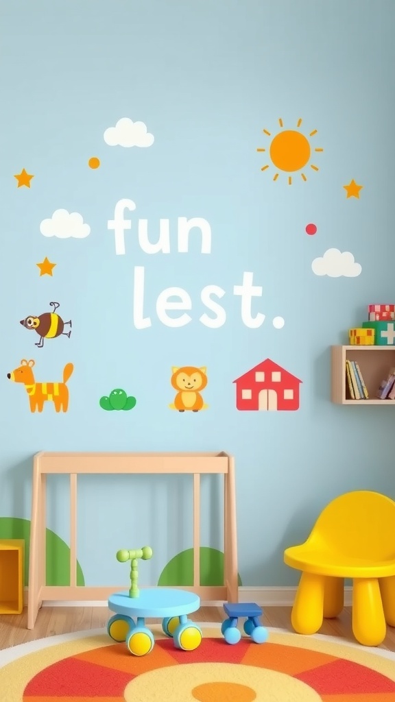 A colorful children's room with whimsical wall decals featuring animals, clouds, and a sun.