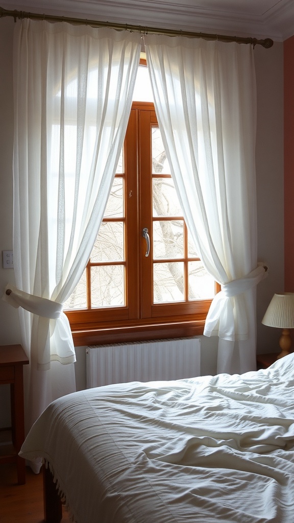 Light, airy curtains framing a window in a cozy bedroom.