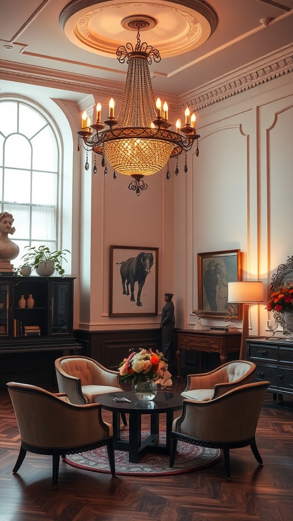 Elegant living room with a chandelier and stylish seating