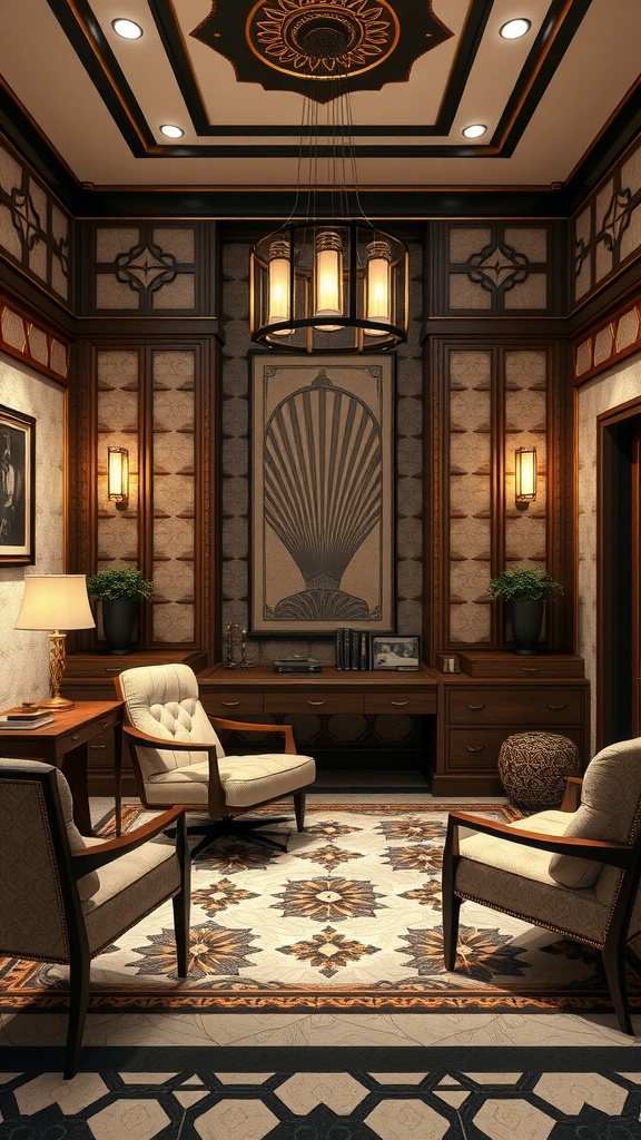 Art Deco style home office with elegant furniture and decor