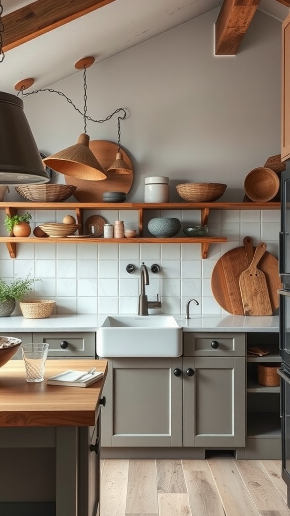 Artisan kitchen with wooden shelves, a farmhouse sink, and warm lighting.