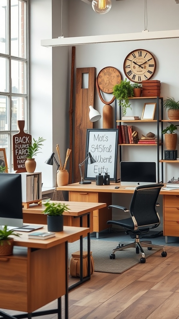 A chic office space featuring wooden furniture, plants, and decorative elements.