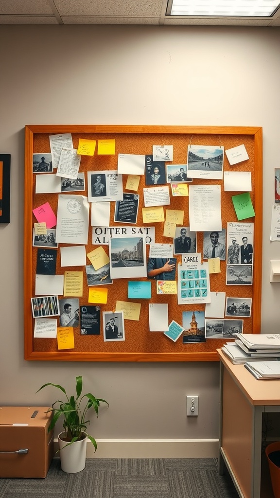 A bulletin board filled with photos, notes, and sticky reminders in an office setting.