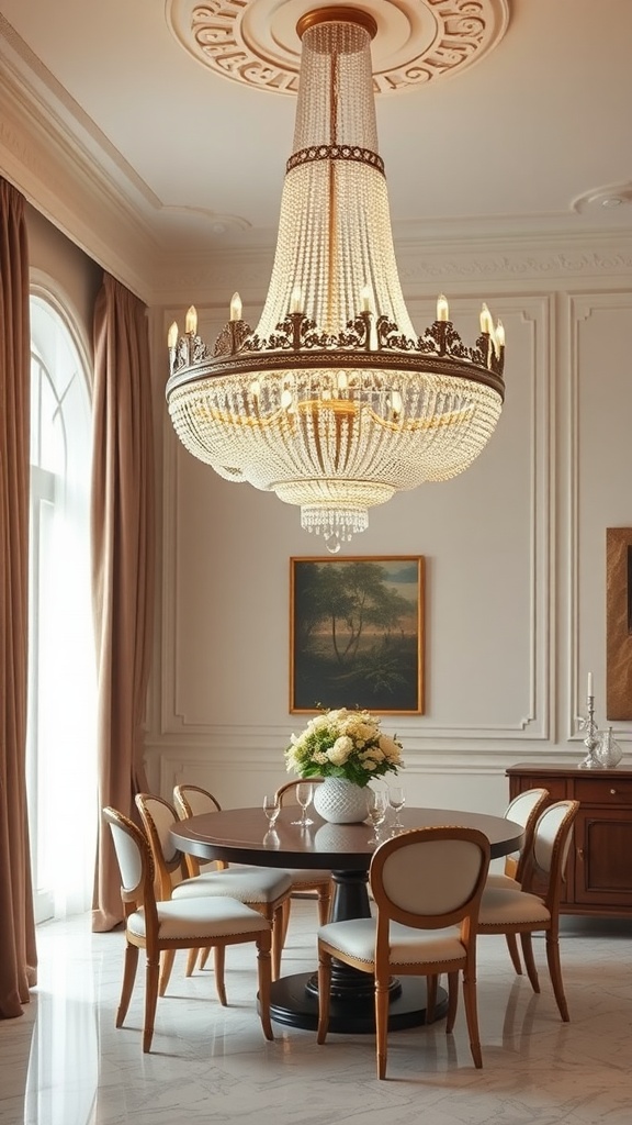 A beautiful beaded chandelier hanging above a dining table in a well-decorated room.