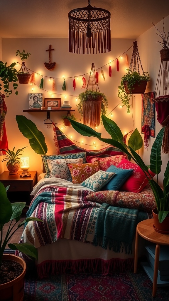 A cozy Bohemian chic bedroom with vibrant pillows, plants, and soft lighting.