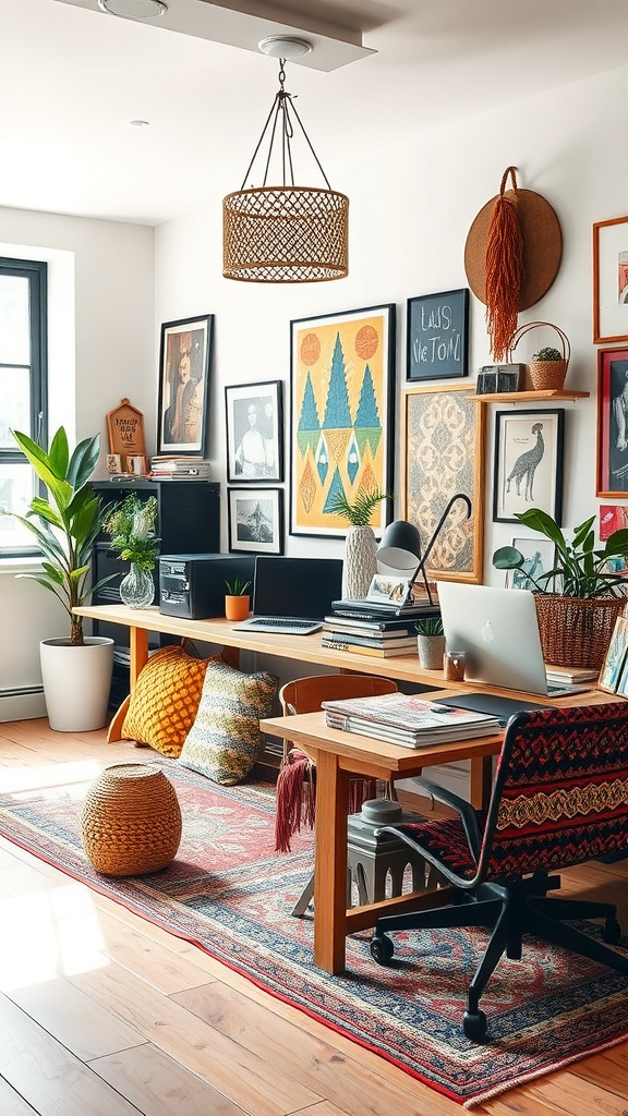 A cozy bohemian-inspired office featuring a wooden desk, colorful cushions, and eclectic wall art.