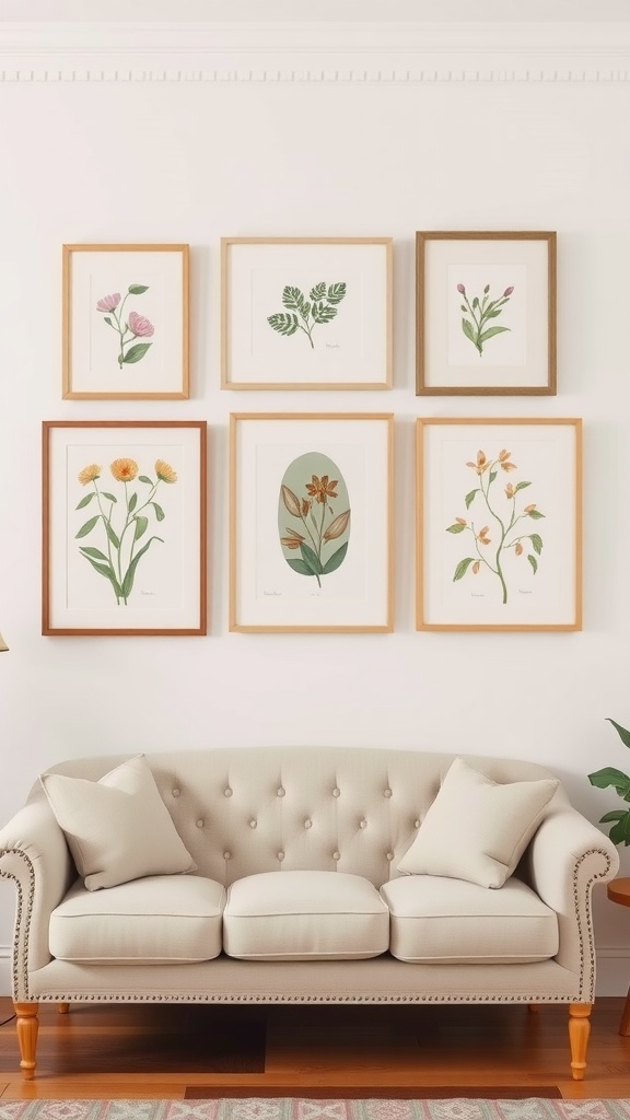 A cozy sofa with a collection of framed botanical prints hanging on the wall above it.