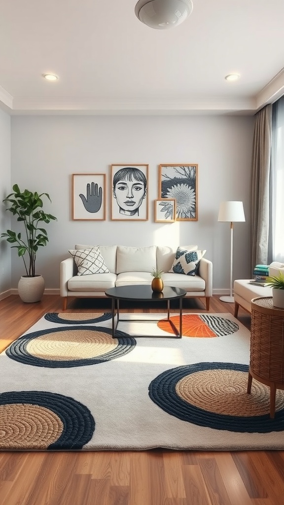 A cozy living room with a stylish circular patterned rug, modern furniture, and artwork on the wall.