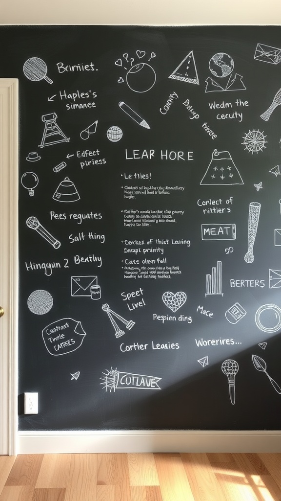 A wall painted with chalkboard paint, featuring various doodles and text in white chalk.