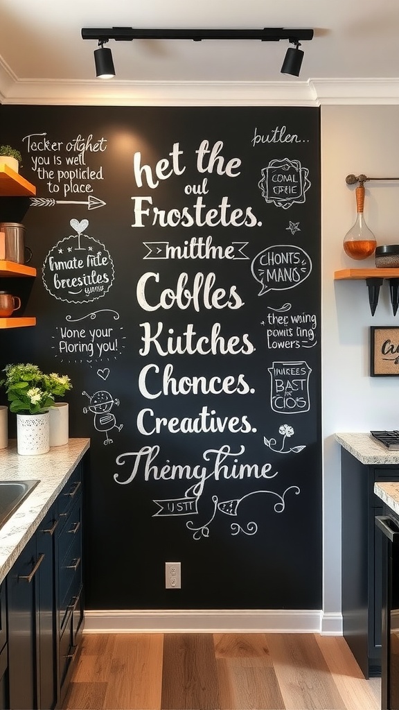 A chalkboard wall in a kitchen decorated with chalk lettering and drawings